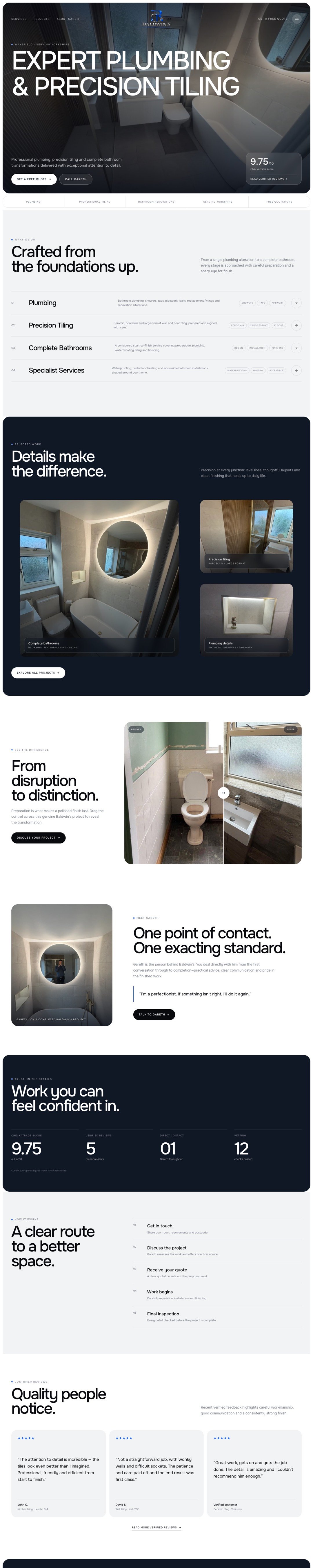 Baldwin's Plumbing & Tiling full homepage on desktop, designed by TGM Creative