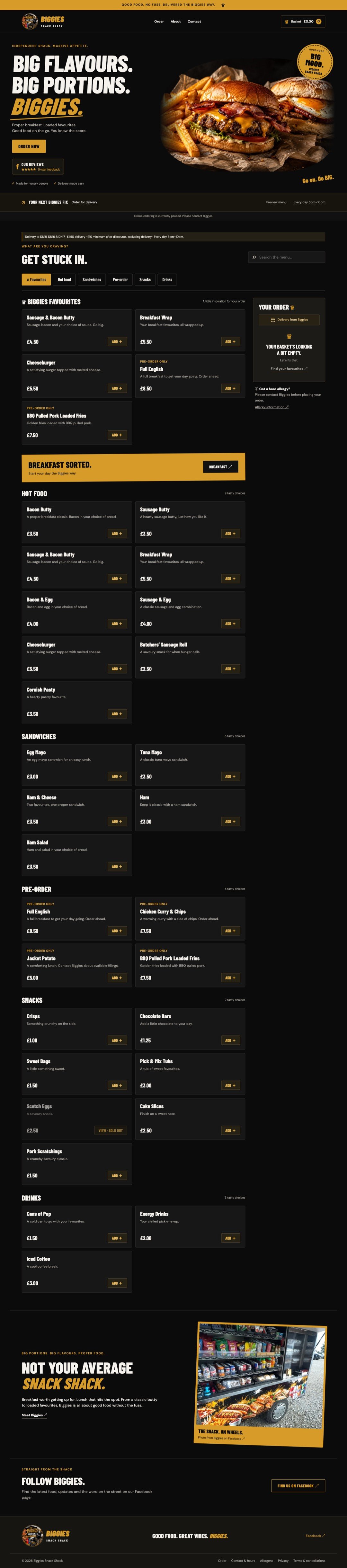 Biggies Snack Shack full homepage on desktop, designed by TGM Creative