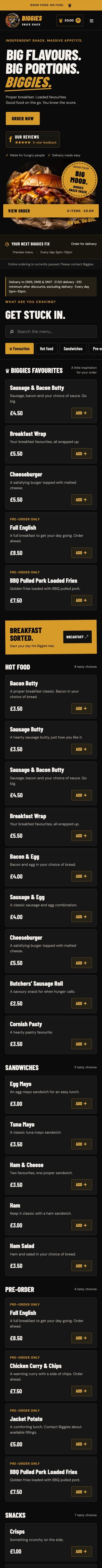 Responsive Biggies Snack Shack website on mobile