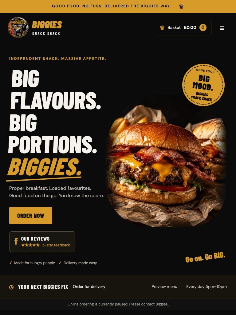 Biggies Snack Shack website on tablet