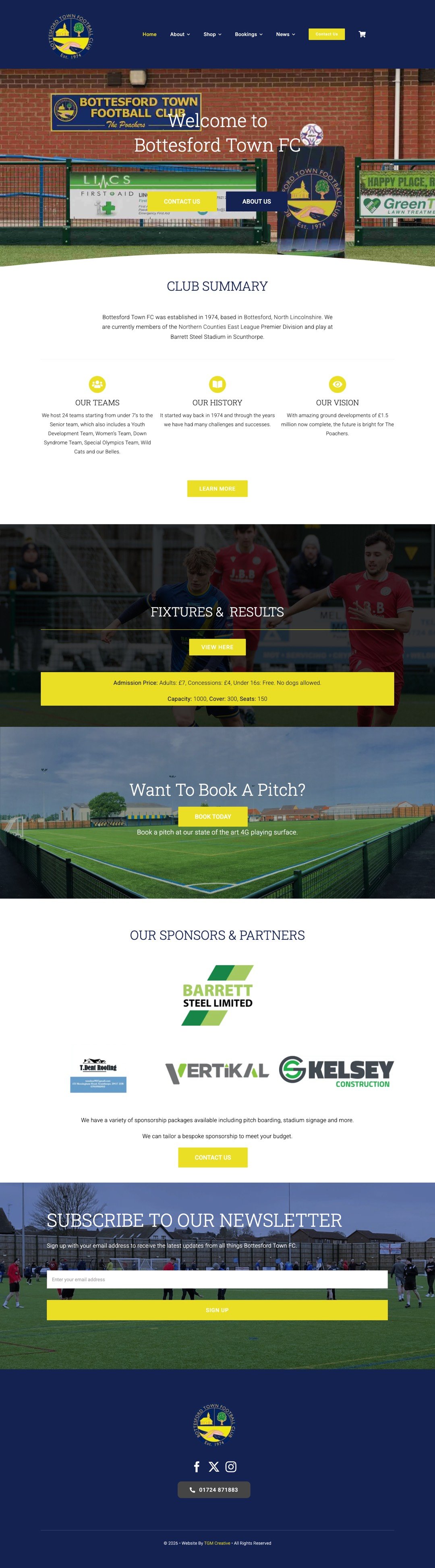 Bottesford Town FC full homepage on desktop, designed by TGM Creative