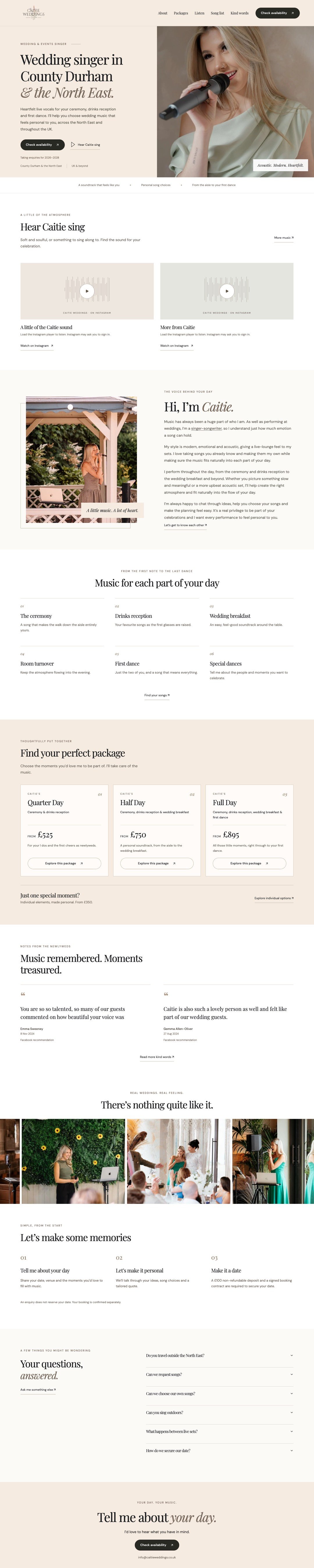 Caitie Weddings full homepage on desktop, designed by TGM Creative