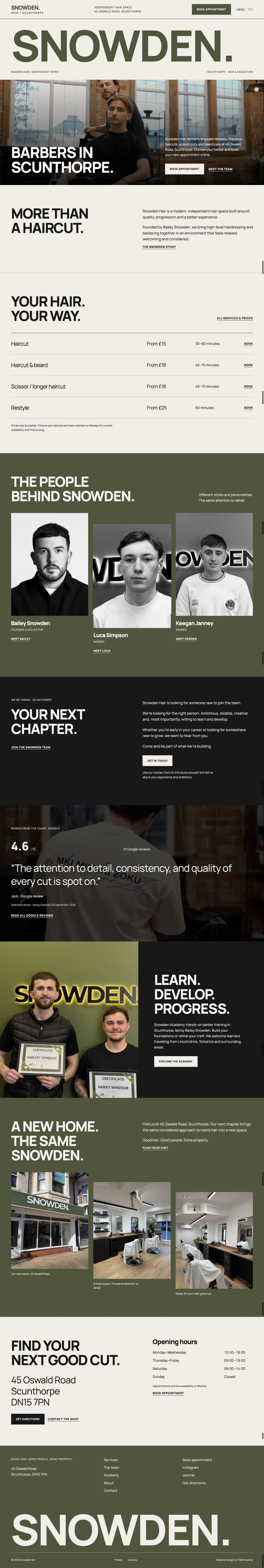 Snowden Hair full homepage on desktop, designed by TGM Creative